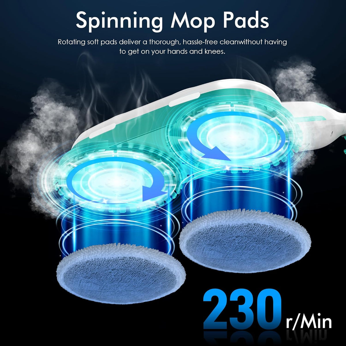 Scrubbing Steam Mop with Rotating Mop Pads, All-in-One Hard Floor Cleaner with LED Headlights