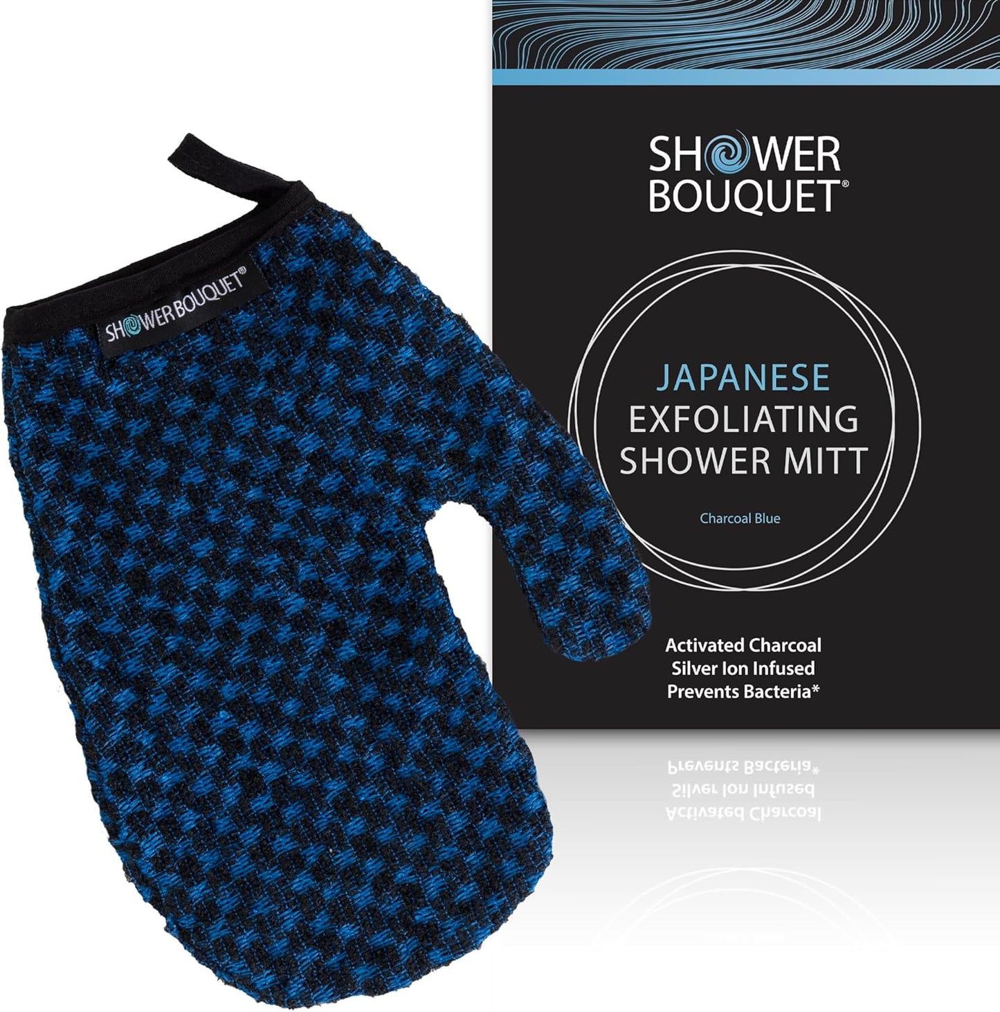 Japanese Exfoliating Mitt for Shower [1-Pack, Blue] - Charcoal & Silver Ion Exfoliating Glove