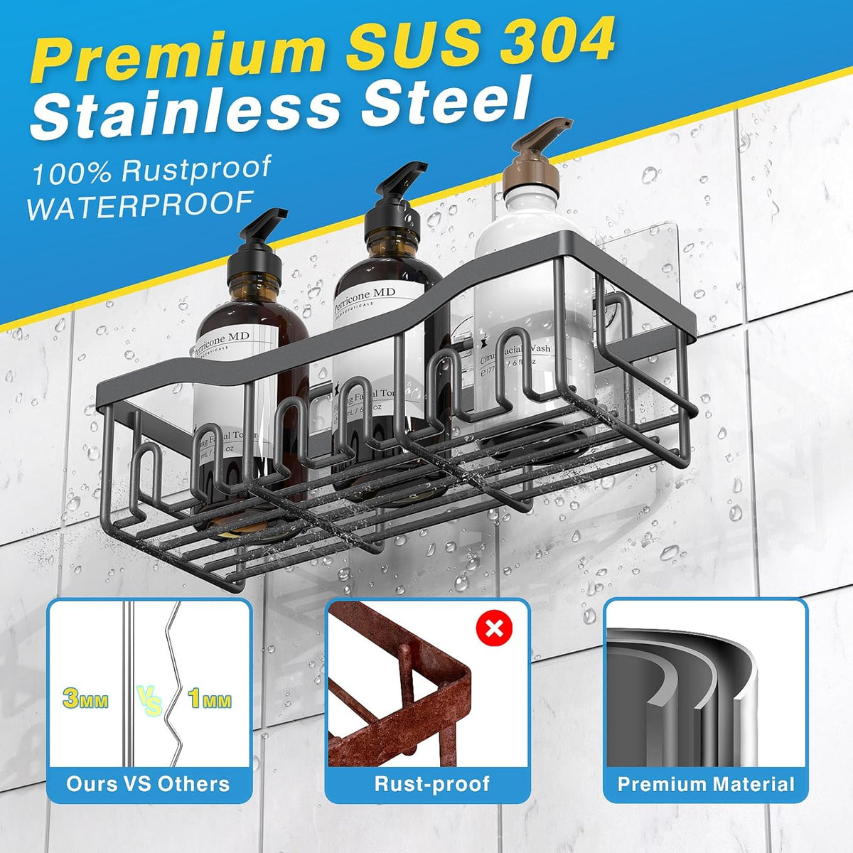 EUDELE 5-Pack Rustproof Stainless Steel Shower Caddy – No Drill Adhesive Bathroom Organizer with