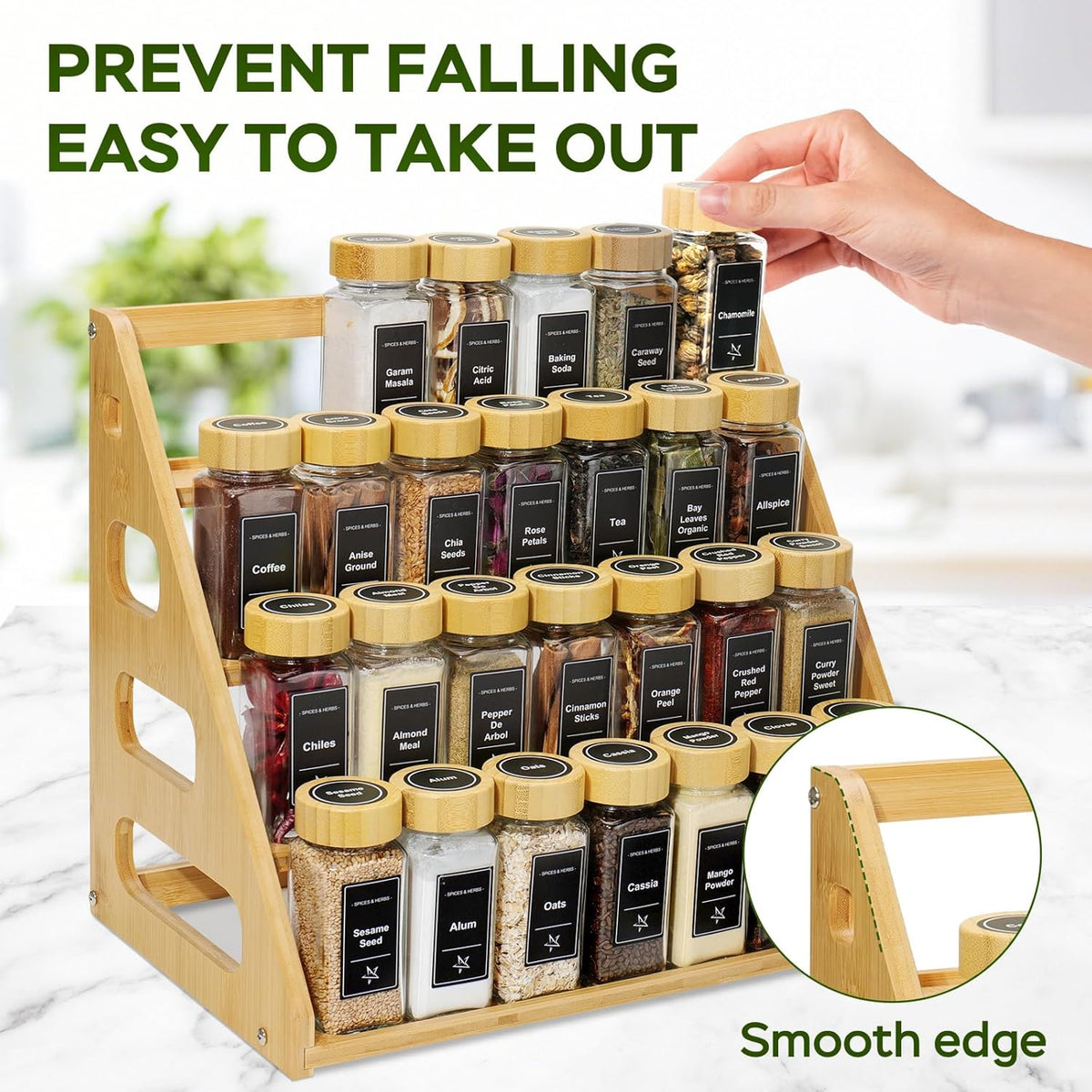 4 Tier Bamboo Spice Rack Organizer with 28 Spice Jars, 780 Labels, Wood Shelf, Chalk Marker and