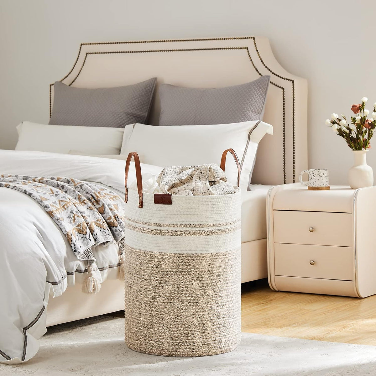 VIPOSCO Tall Laundry Basket, Large Dirty Clothes Hamper with Leather Handle, Woven Rope Storage