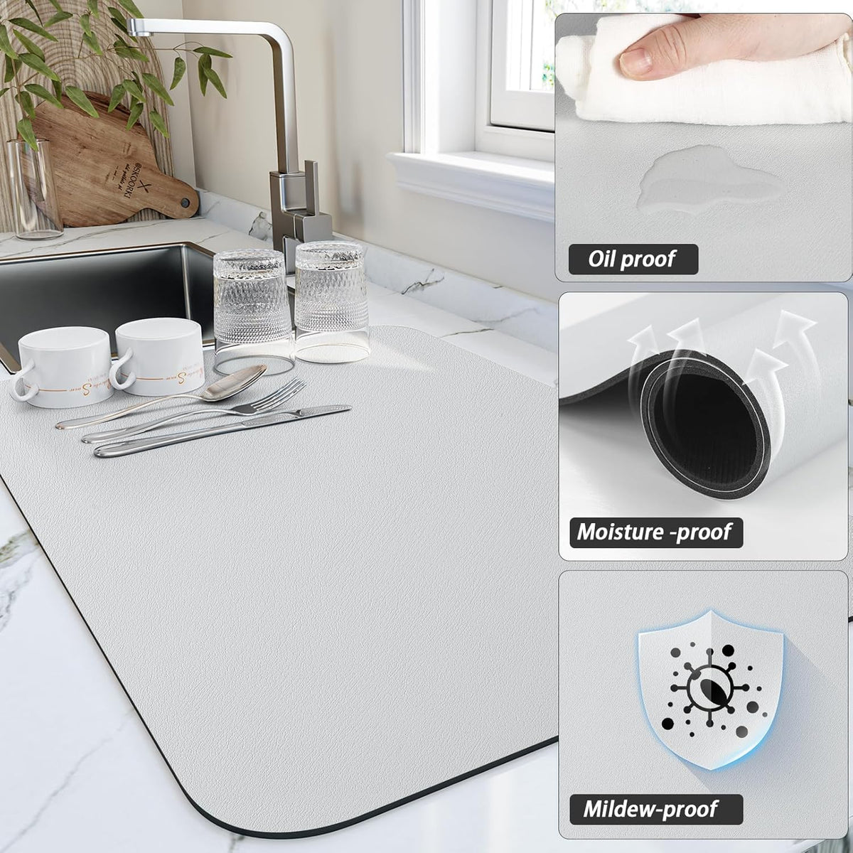 Dish Drying Mat for Kitchen Counter, Heat Resistant Drainer Mats with Non-slip Rubber Backed, Hide