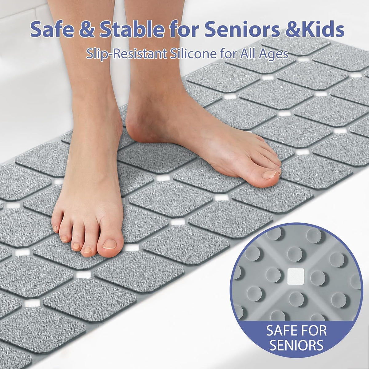 Bathtub Mat Non Slip Silicone Foldable Extra Long Tub Mat Strong Suction Cups & Large Drain Holes