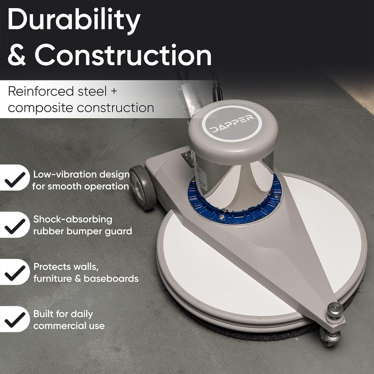 20" High-Speed Commercial Floor Burnisher, 1.5 HP, 1500 RPM, 40ft Cord, Rubber Bumper Guard, with