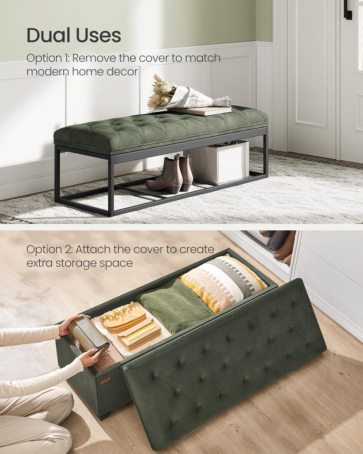 SONGMICS Velvet Storage Ottoman Bench, Foot Rest with Legs, 15.7 x 43 x 15.7 Inches, End of Bed