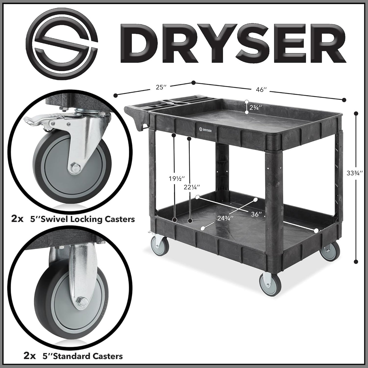 Dryser Utility Cart with Wheels, 46" x 25" Heavy Duty 550 lb. Capacity with Shelves - 2 Tier