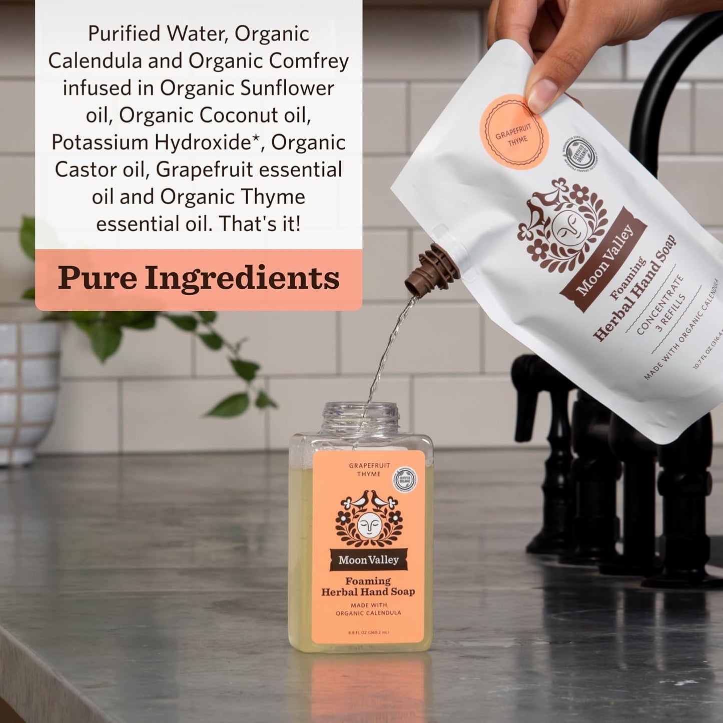 Moon Valley Foaming Hand Soap Refill Pouch, Two-Pack Grapefruit Thyme Soap, Vegan and Non-GMO