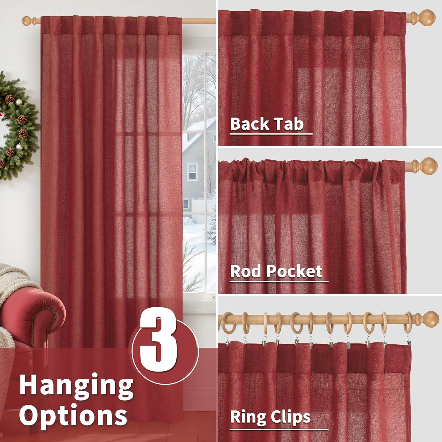 YoungsTex Red Linen Semi Sheer Curtains 84 Inch Length for Living Room 2 Panels Set, Christmas