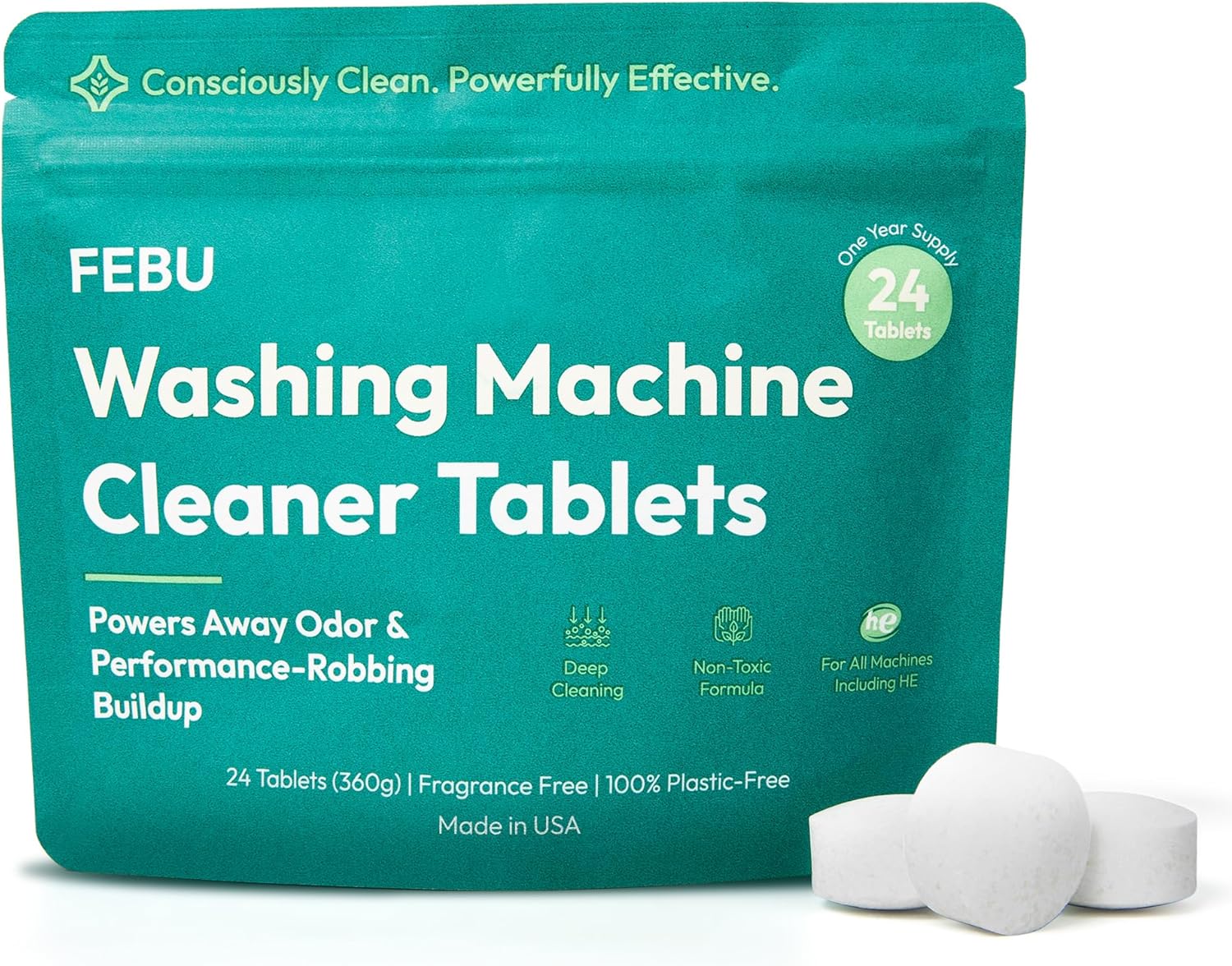 FEBU Washing Machine Cleaner Tablets Made in USA | Washer Machine Cleaner Tablets & Deodorizer |