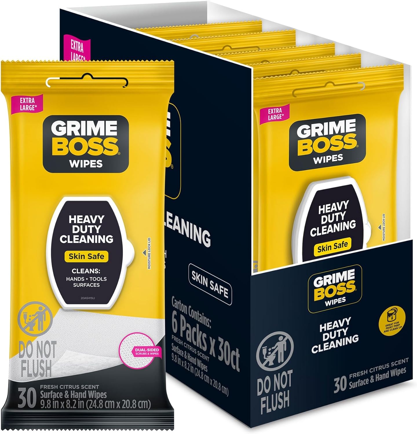 Grime Boss Heavy Duty Wipes (6 x 30ct) | Wet Wipes Used for Hands, Equipment, Tools, Garden