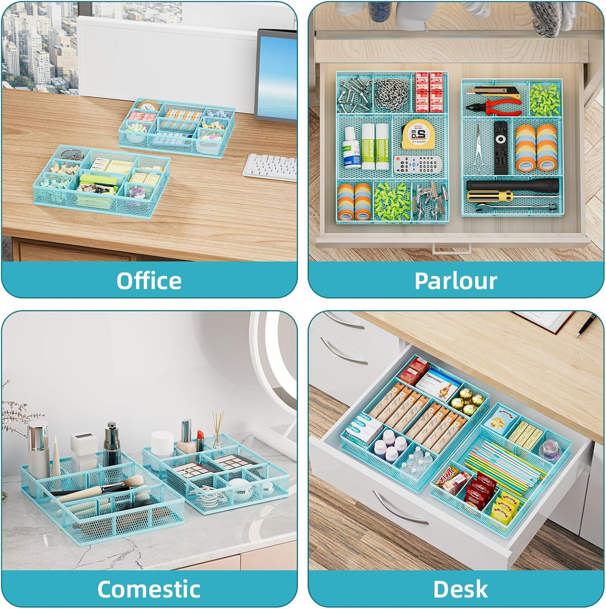 Marbrasse 2 Pack Desk Drawer Organizer, Mesh Drawer Organizer Tray with 8 Adjustable Compartments