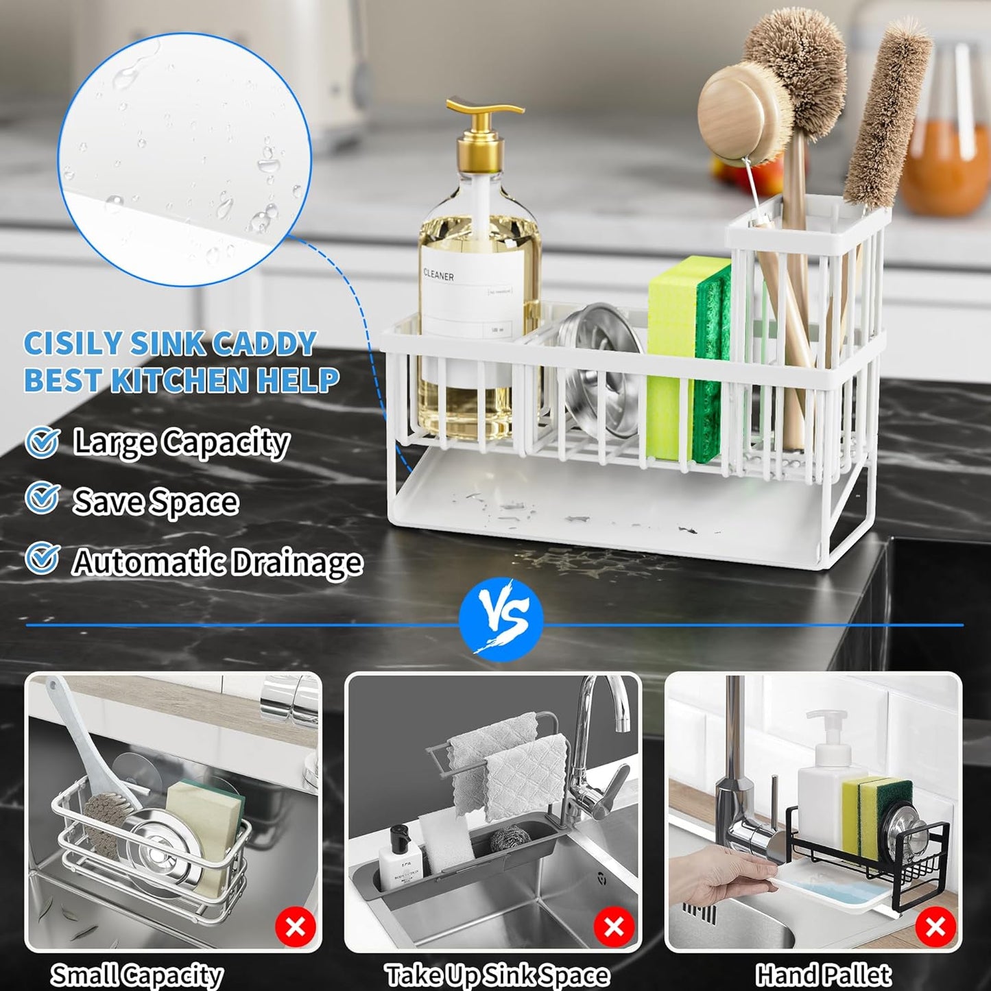 Cisily Sink Caddy Sponge Holder for Kitchen Sink, 304 Stainless Steel Rustproof, Kitchen Sink Caddy