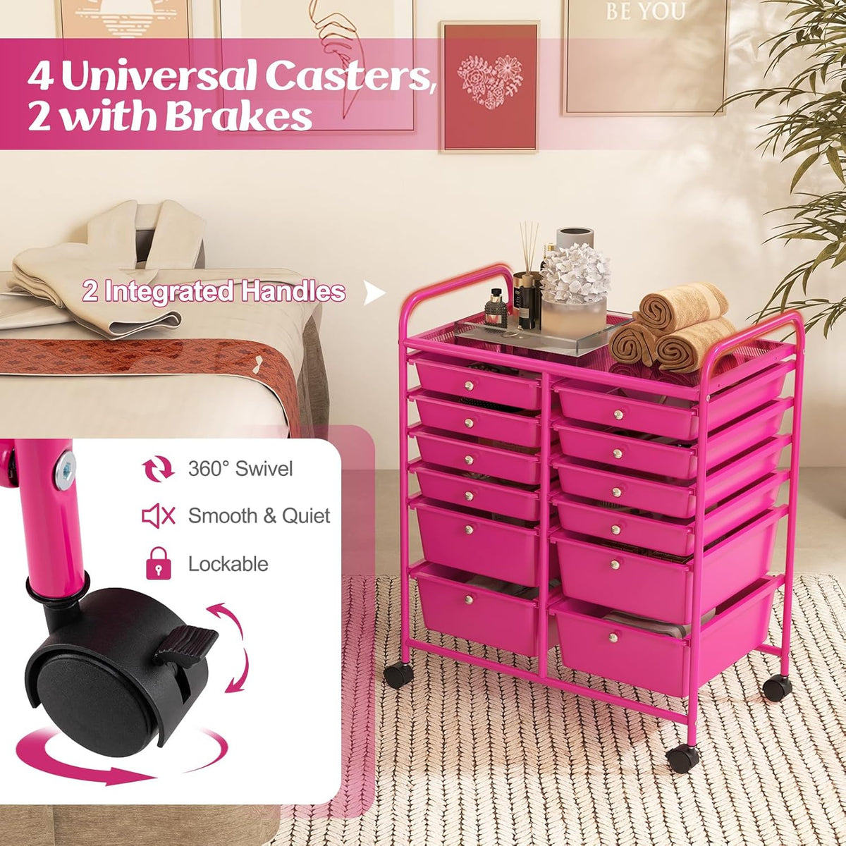 GOFLAME 12-Drawer Rolling Storage Cart, Multipurpose Organizer Cart with 2 Sizes Plastic Drawers