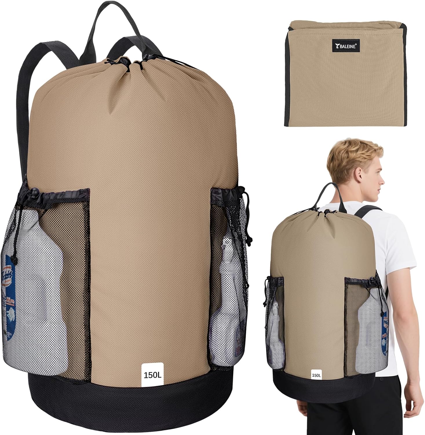 BALEINE 150L Laundry Bag Backpack, 900D Oxford Fabric Large Travel Laundry Bags with Shoulder