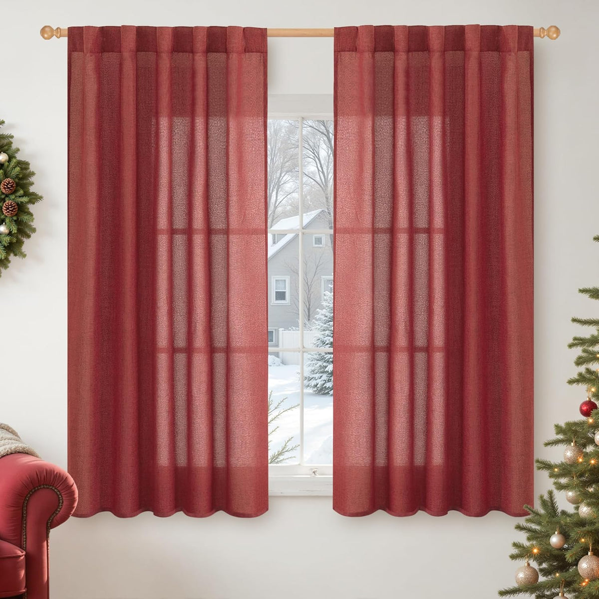 YoungsTex Red Linen Curtains 45 Inch Length for Kitchen, Short Window Drapes with Rod Pocket Back