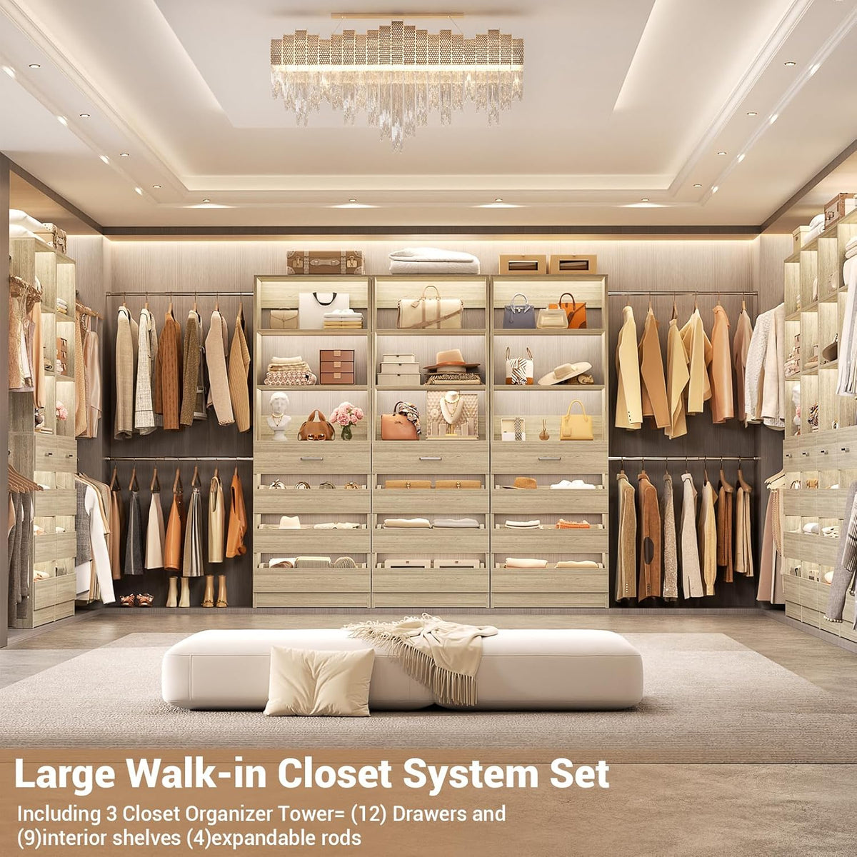 Aheaplus Closet System with 12 Drawers, 8.5-11.5Ft Wood Closet Organizer System with 4 Hanging Rods