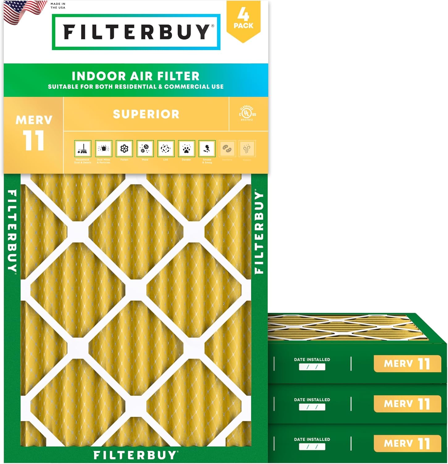 Filterbuy 12x24x2 Air Filter MERV 11 (MPR 1200) Allergen Defense Replacement (4-Pack)