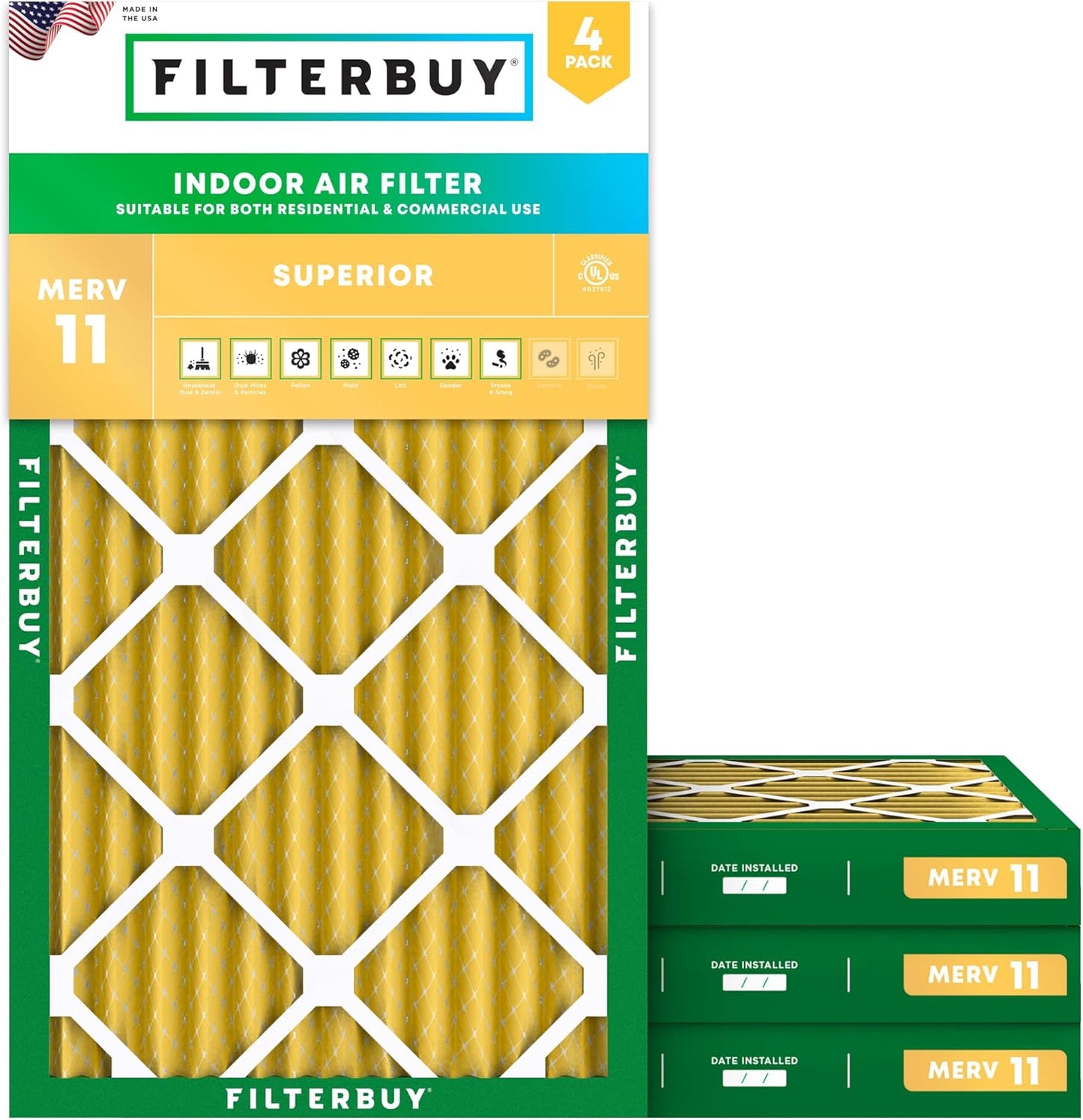 Filterbuy 16x24x2 Air Filter MERV 11 (MPR 1200) Allergen Defense Replacement (4-Pack)