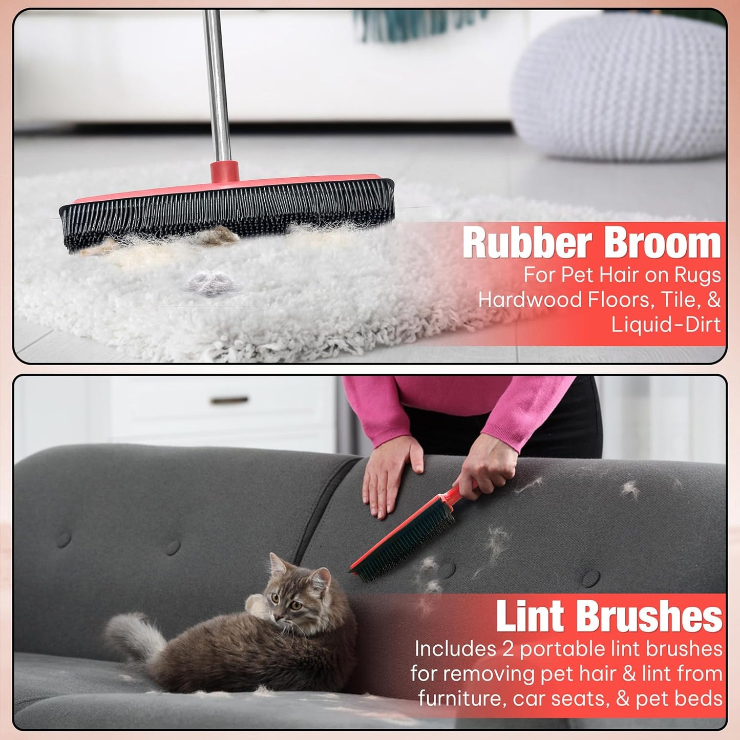 Hybrid Dog Pet Hair Removal Broom with Squeegee – Adjustable Handle Rubber Broom for Pet Hair on