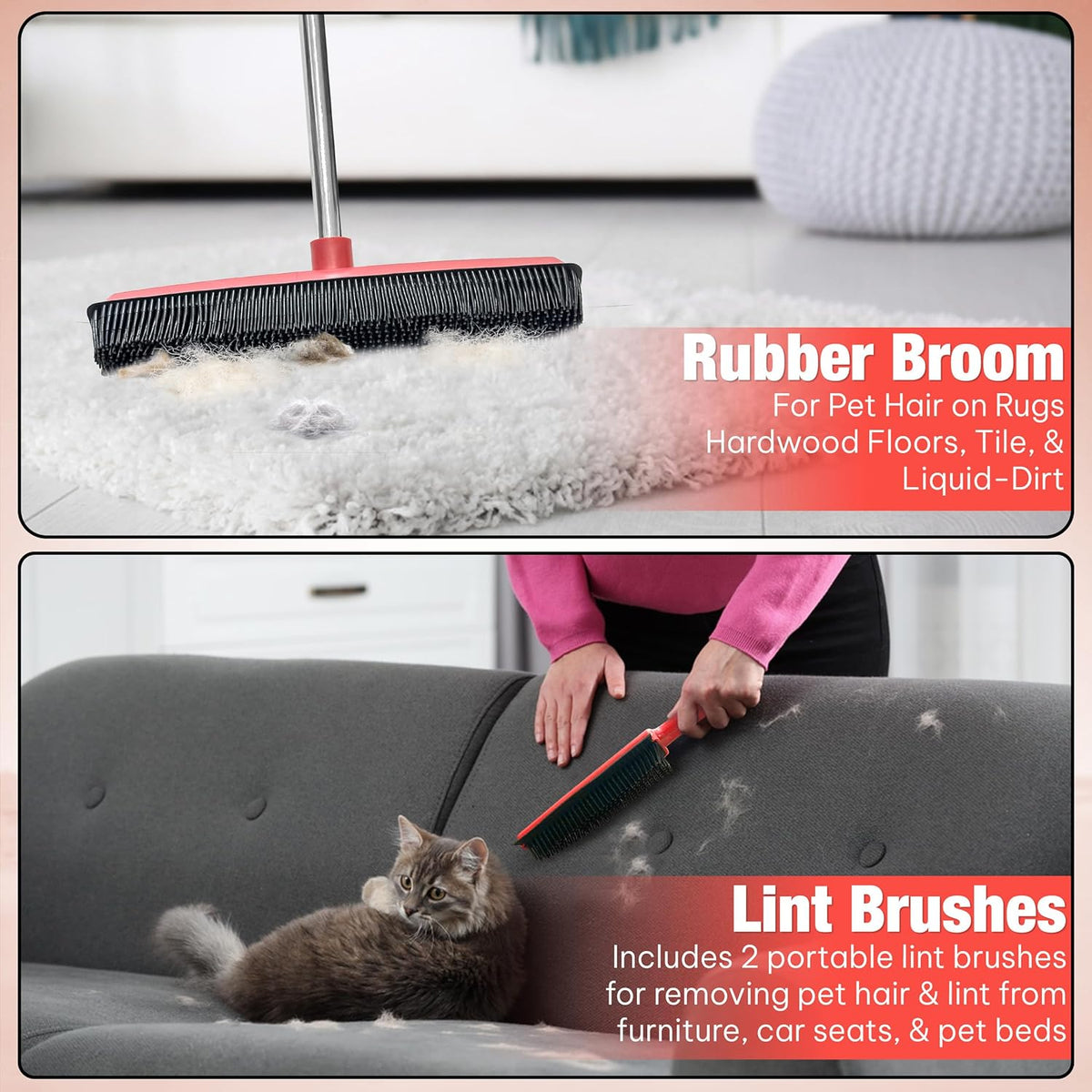 Hybrid Dog Pet Hair Removal Broom with Squeegee – Adjustable Handle Rubber Broom for Pet Hair on