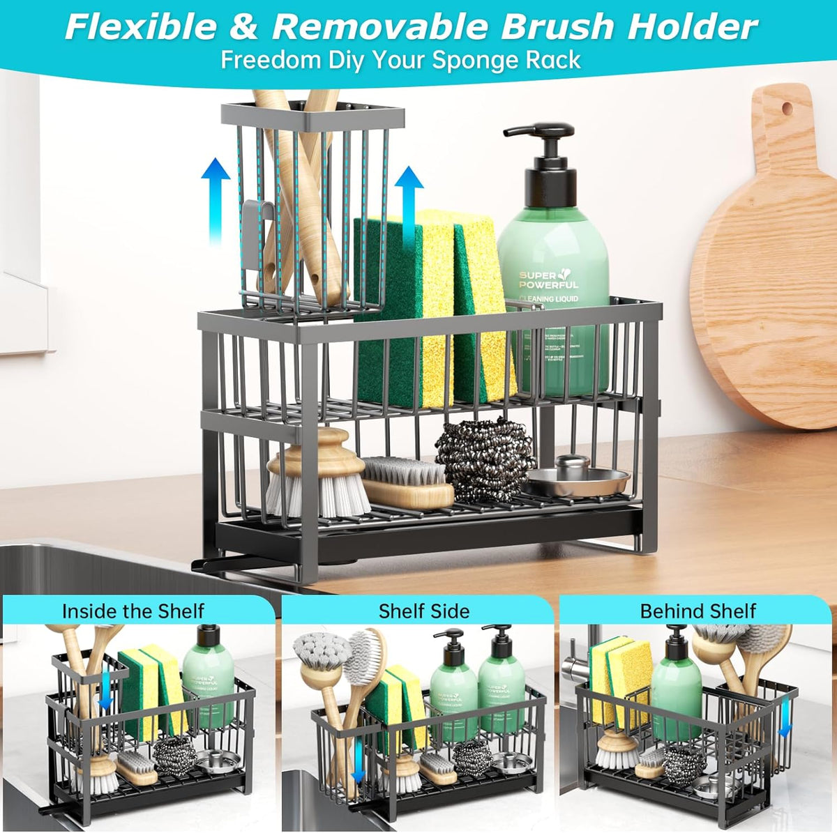 Sponge Holder for Kitchen Sink, 2 Tier Sink Caddy Organizer Countertop with Dish Brush Holder and