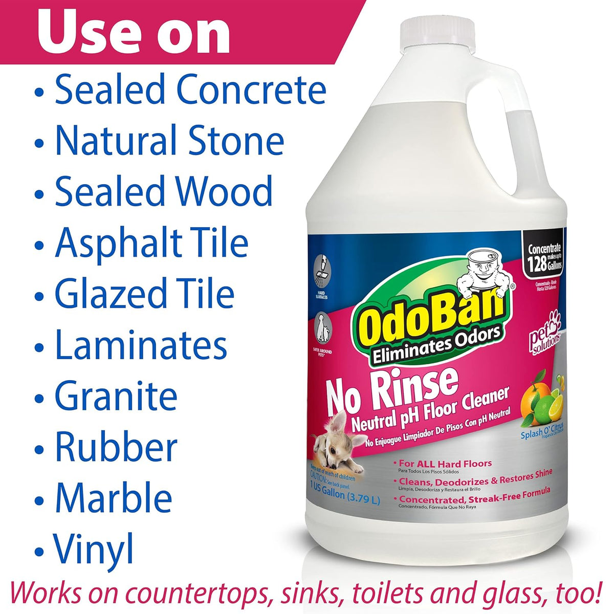 OdoBan Pet Solutions No Rinse Neutral pH Floor Cleaner Concentrate, Made in the USA, Splash O'
