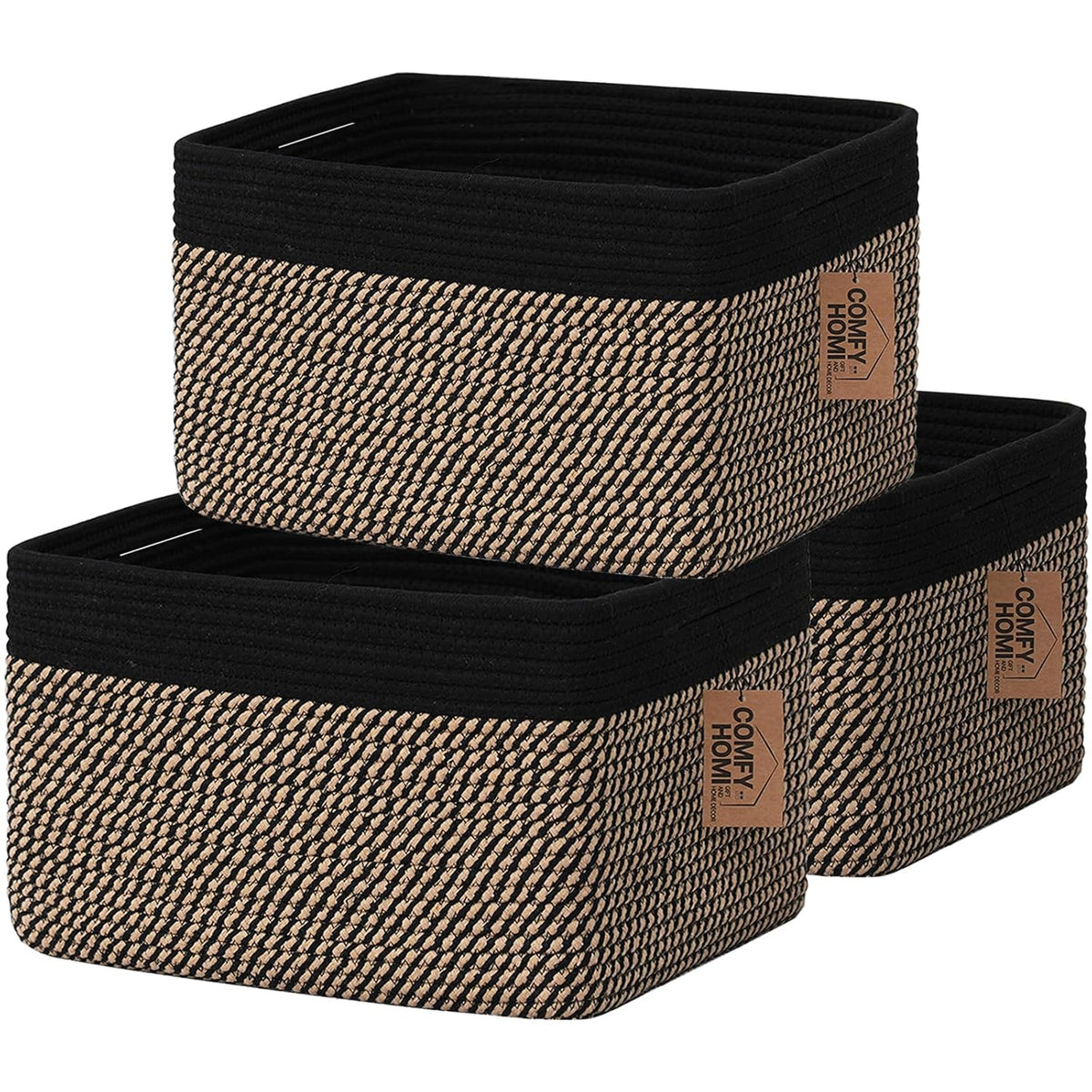 COMFY-HOMI 3PACK Cotton Rope Square Basket with Handles for Shelves|Dog Toy Bin and Storage|Baby