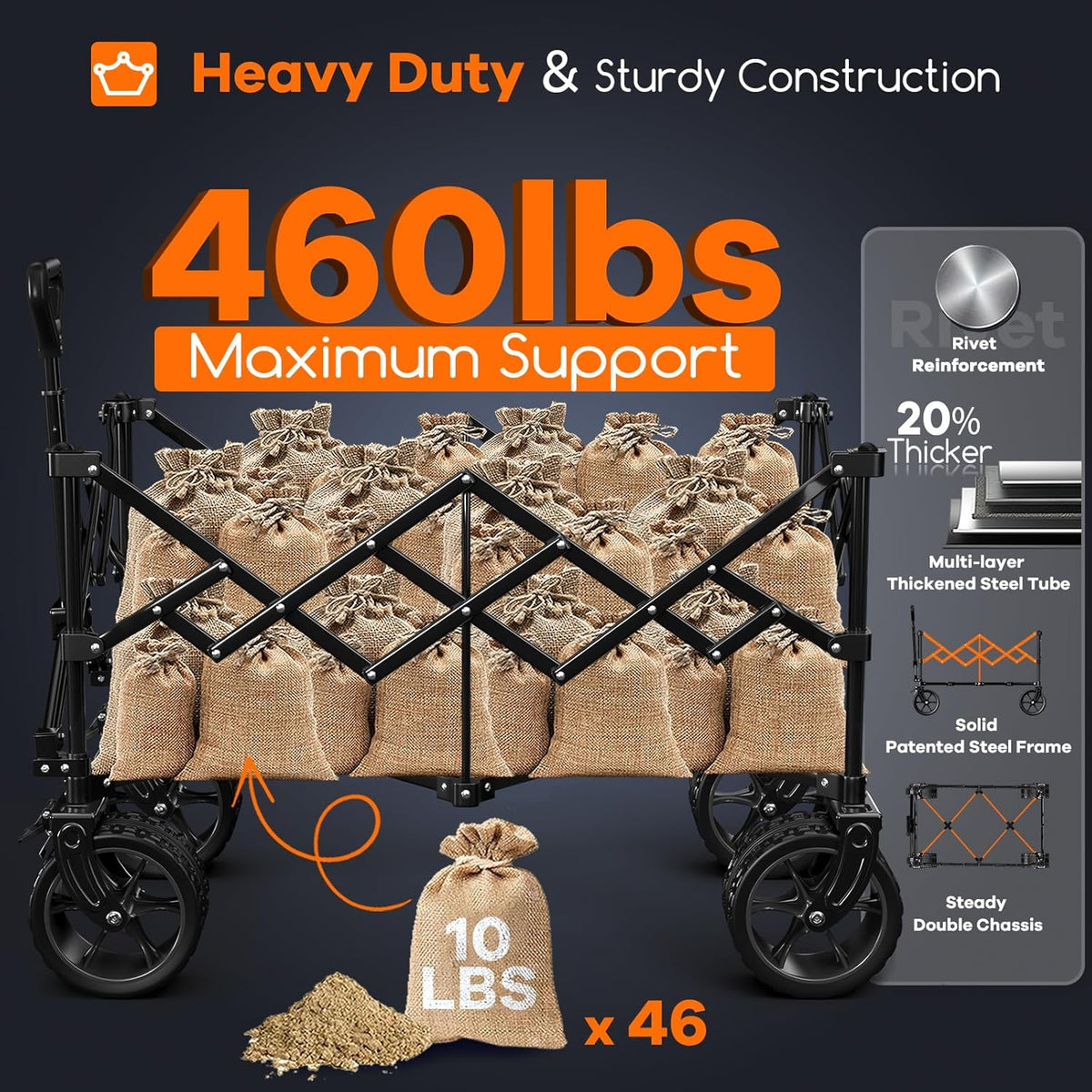 220L Collapsible Wagon Cart Foldable, 460lbs Load Capacity Heavy Duty Folding Beach Wagons with Big