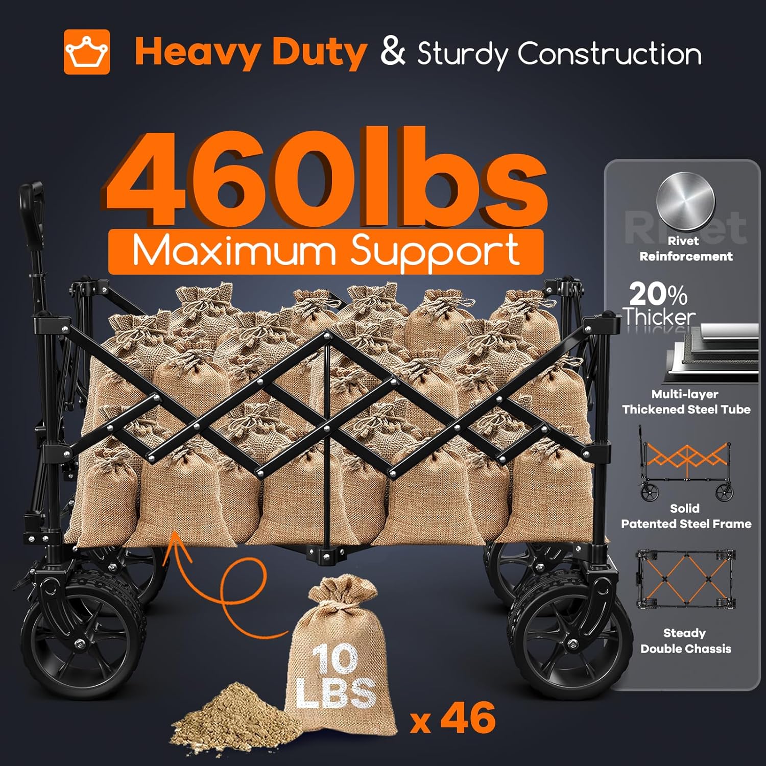 220L Collapsible Wagon Cart Foldable, 460lbs Load Capacity Heavy Duty Folding Beach Wagons with Big