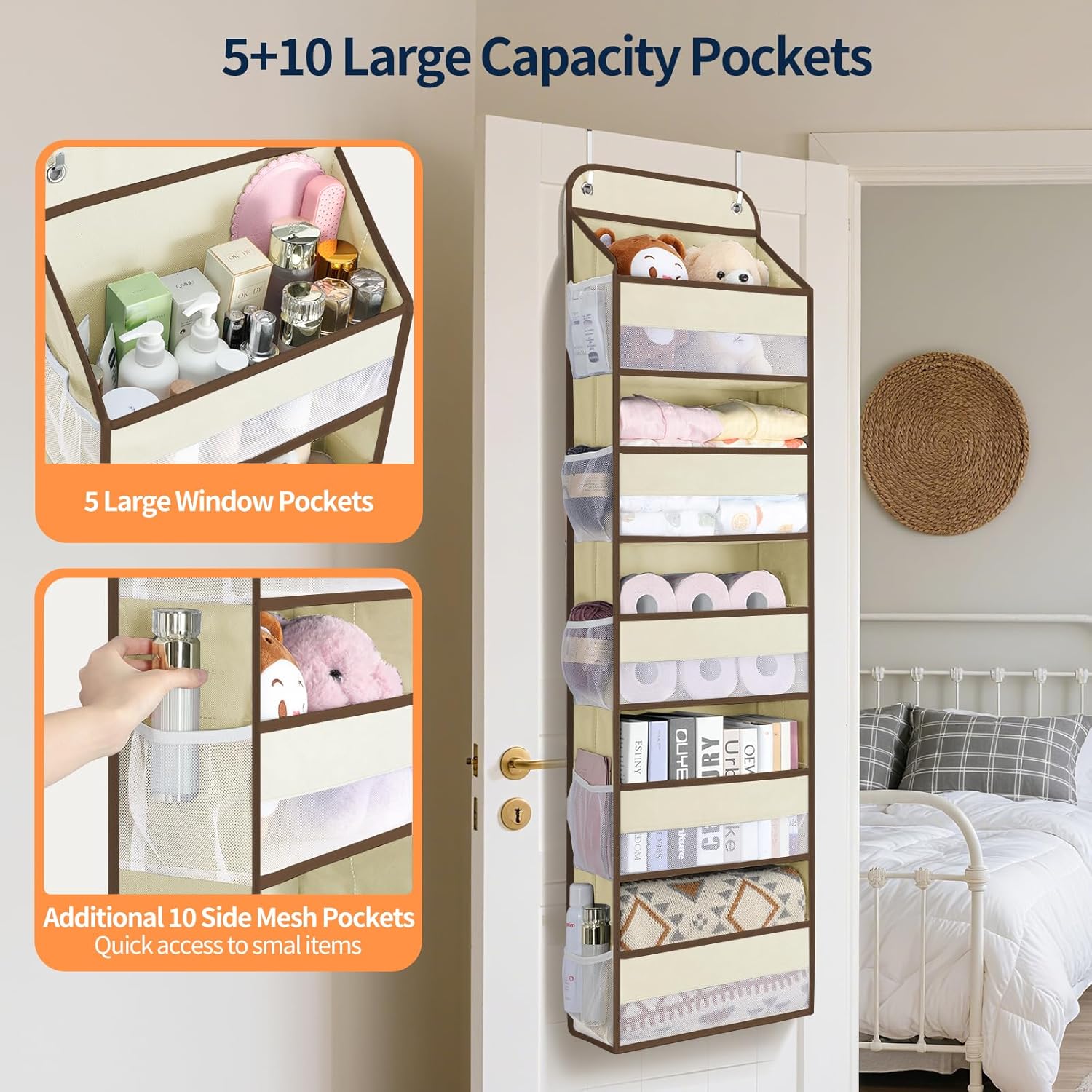 Yecaye Over The Door Organizer Storage, 5-Tier Heavy Duty Door Organizers Hanging with 10 Side Mesh