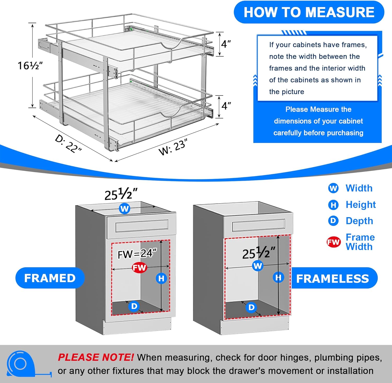 WelFurGeer 2-Tier Stainless Steel Pull Out Cabinet Organizer, Soft Close Damping Slides, Heavy Duty