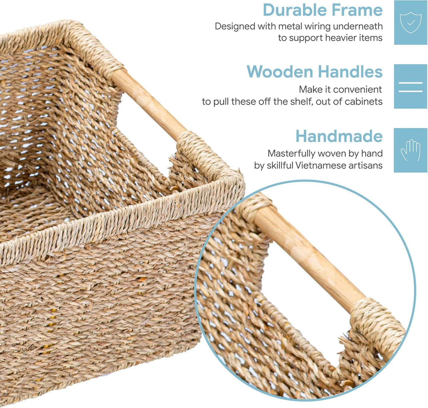 Large Wicker Storage Basket with Wooden Handles, Seagrass Basket for Shelves, Natural Wicker Bin