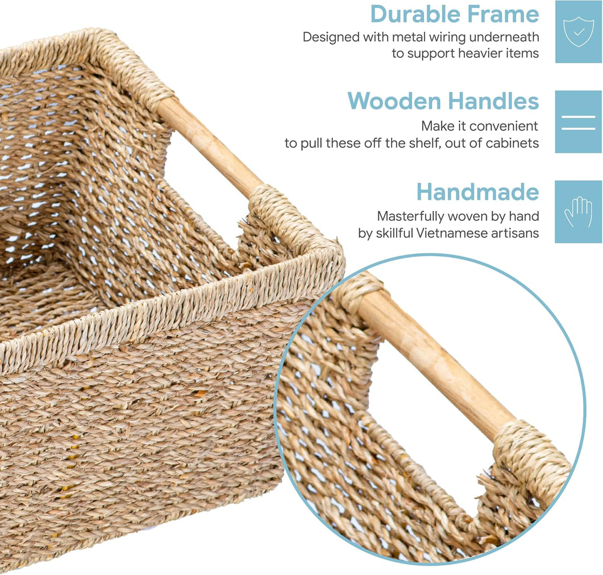 Large Wicker Basket Rectangular with Wooden Handles for Shelves, Seagrass Basket Storage, Natural
