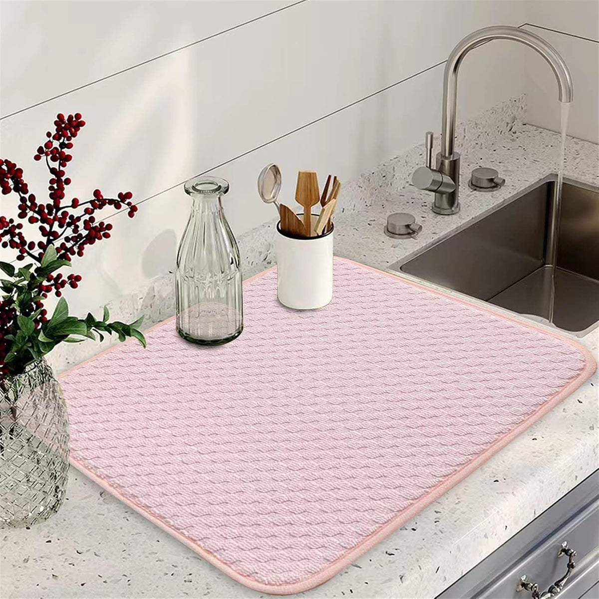Pink Dish Drying Mats for Kitchen Counter, 2 Pack Dish Drying Mat Drying Pad, Dish Rack Drainer