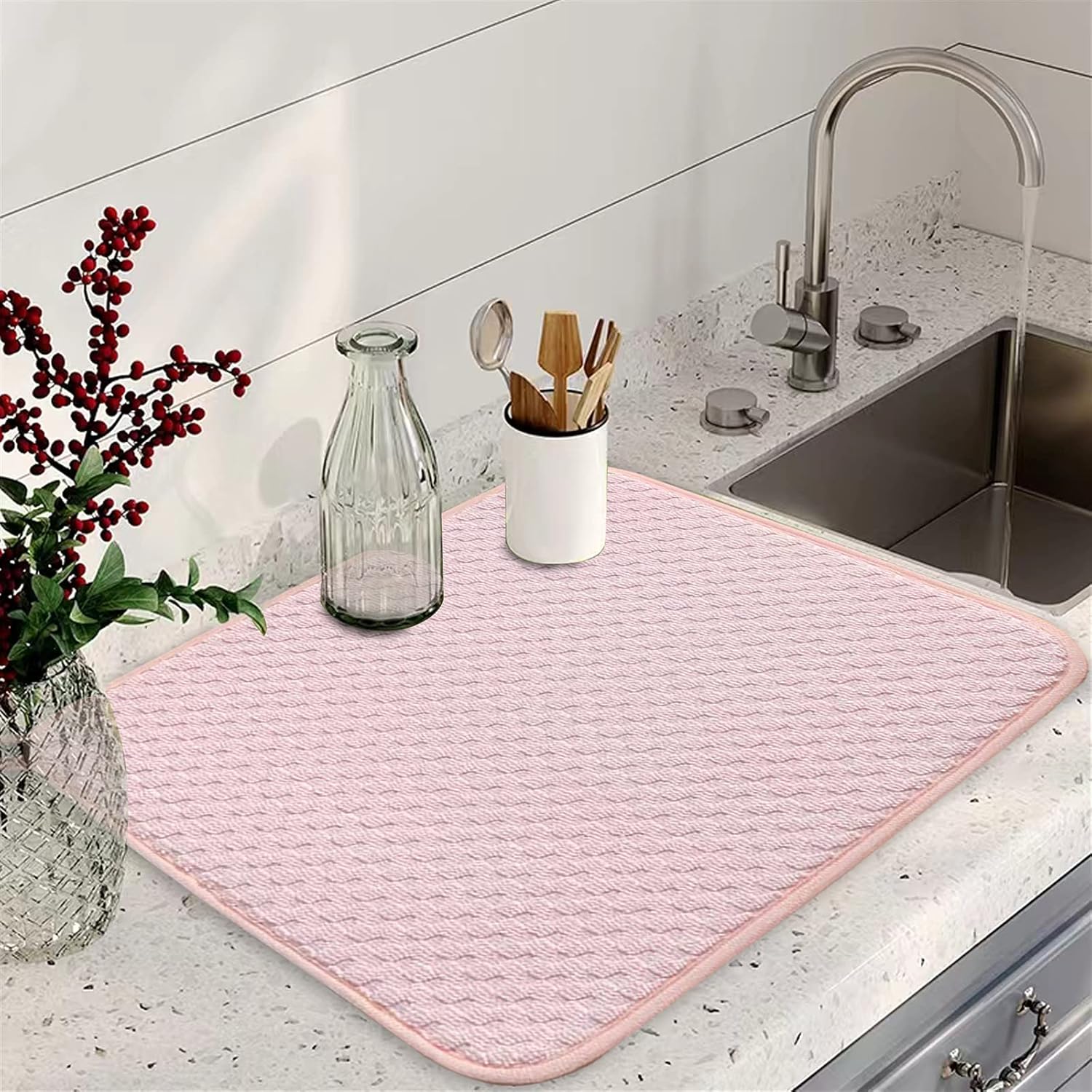 Pink Dish Drying Mats for Kitchen Counter, 2 Pack Dish Drying Mat Drying Pad, Dish Rack Drainer