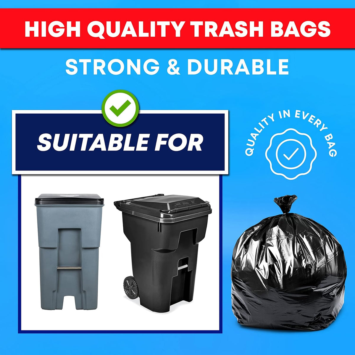 Veska 65 Gallon Trash Bags for Toter, (Value-Pack 50 Count w/Ties) Extra Large 64 Gallon Heavy