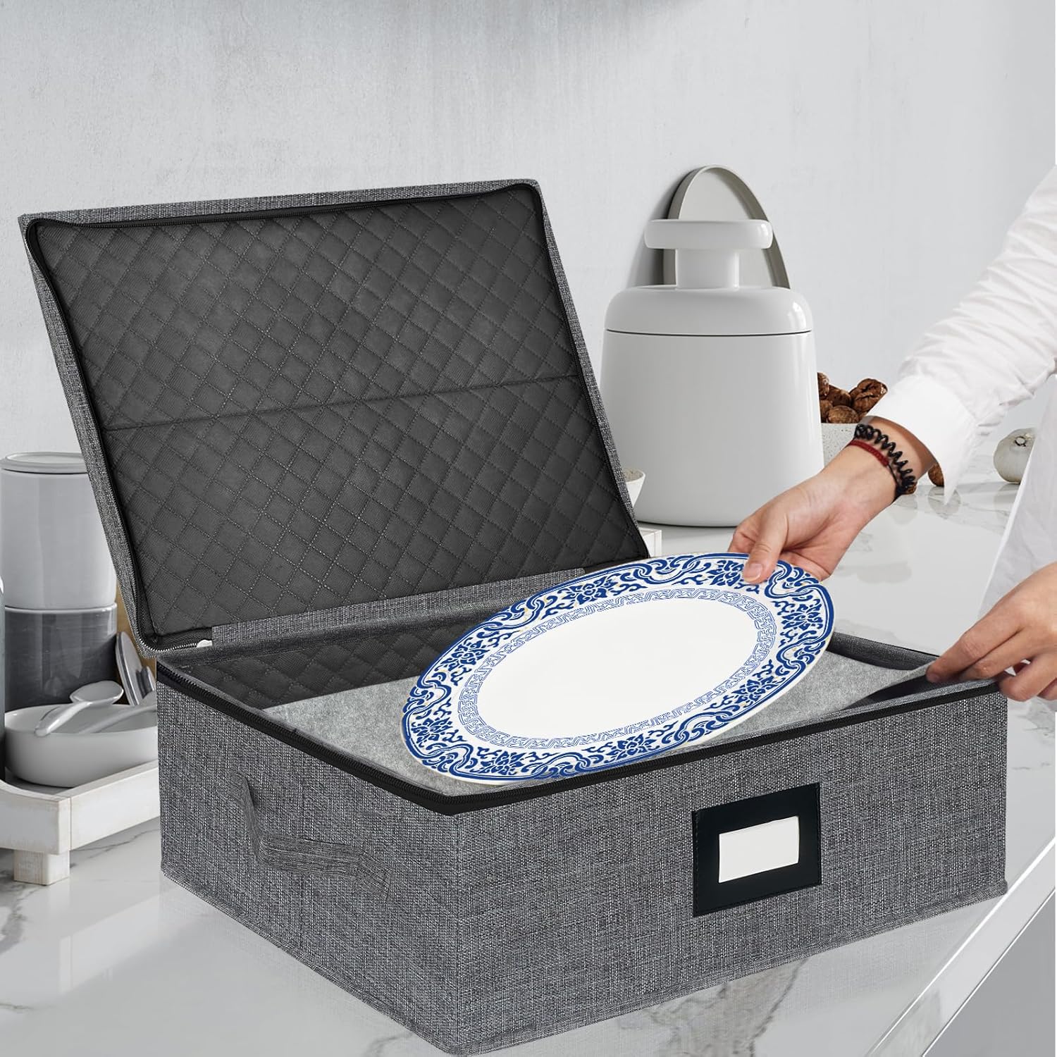 Platter Storage Case - Stackable China Storage Containers Hard Shell with Durable Zipper & Label &