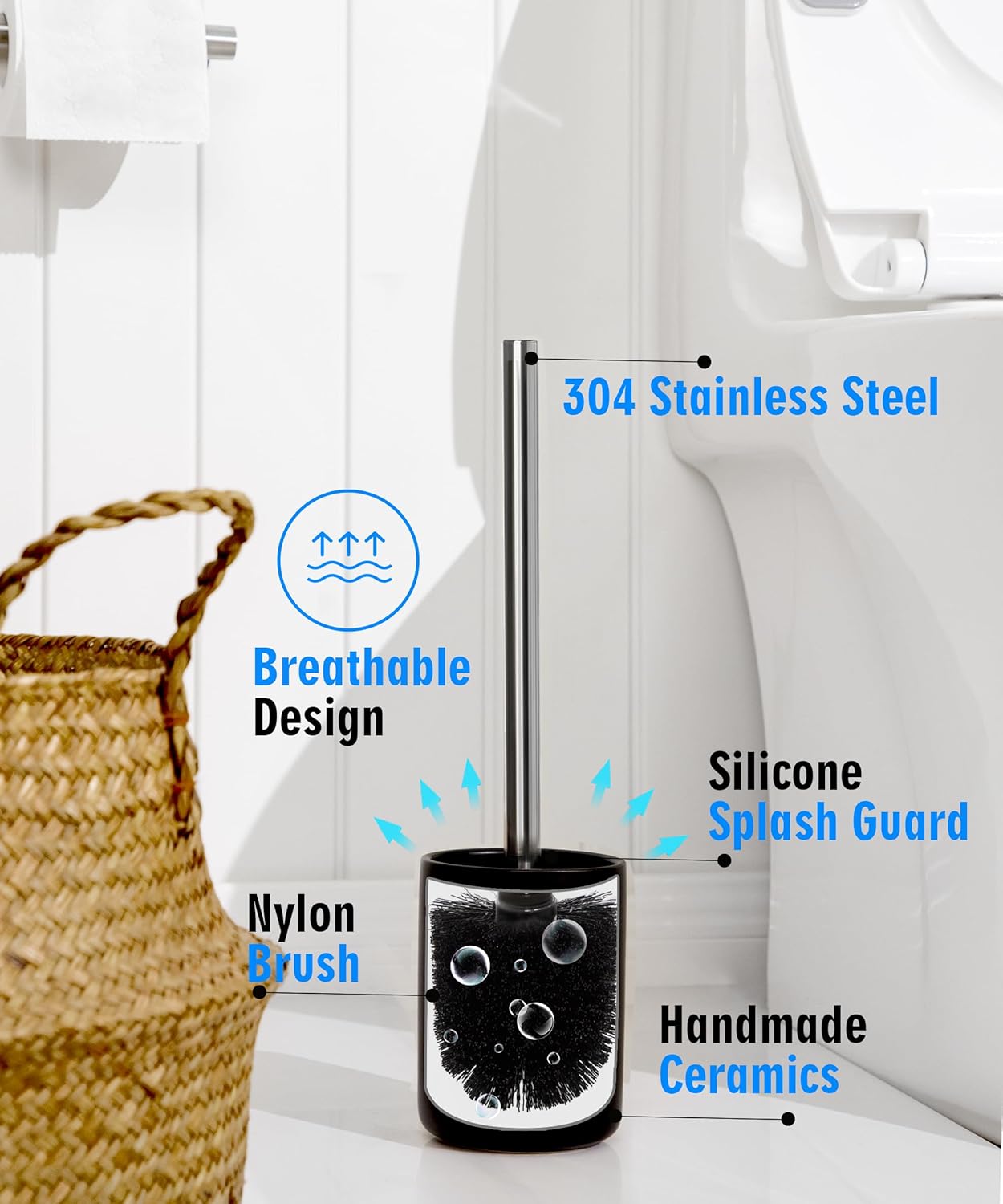 Ceramic Toilet Brush & Holder Set - Freestanding Deep-Cleaning Toilet Bowl Cleaner Brush, Stainless