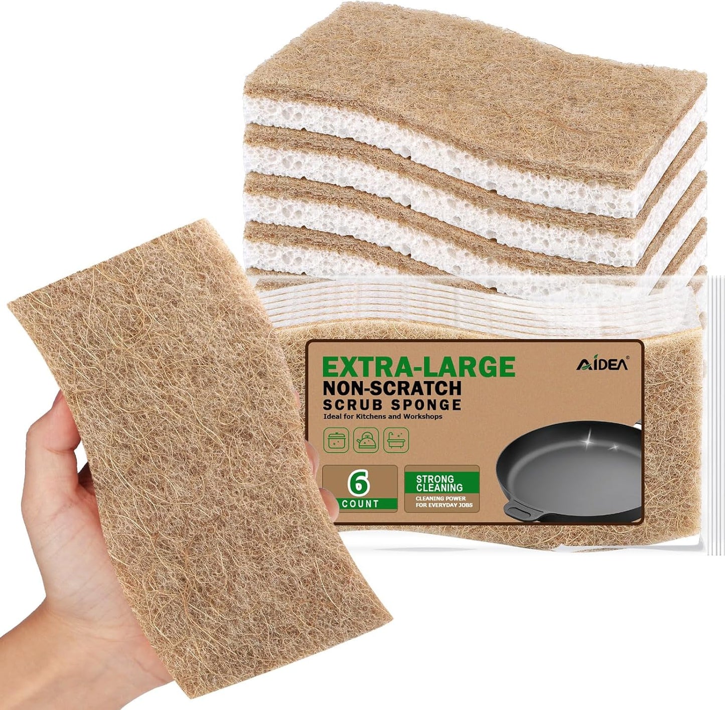 AIDEA XL Scrub Sponges Non-Scratch, 6Count, Large Natural Sponge for Non Stick Cookware, Sponges