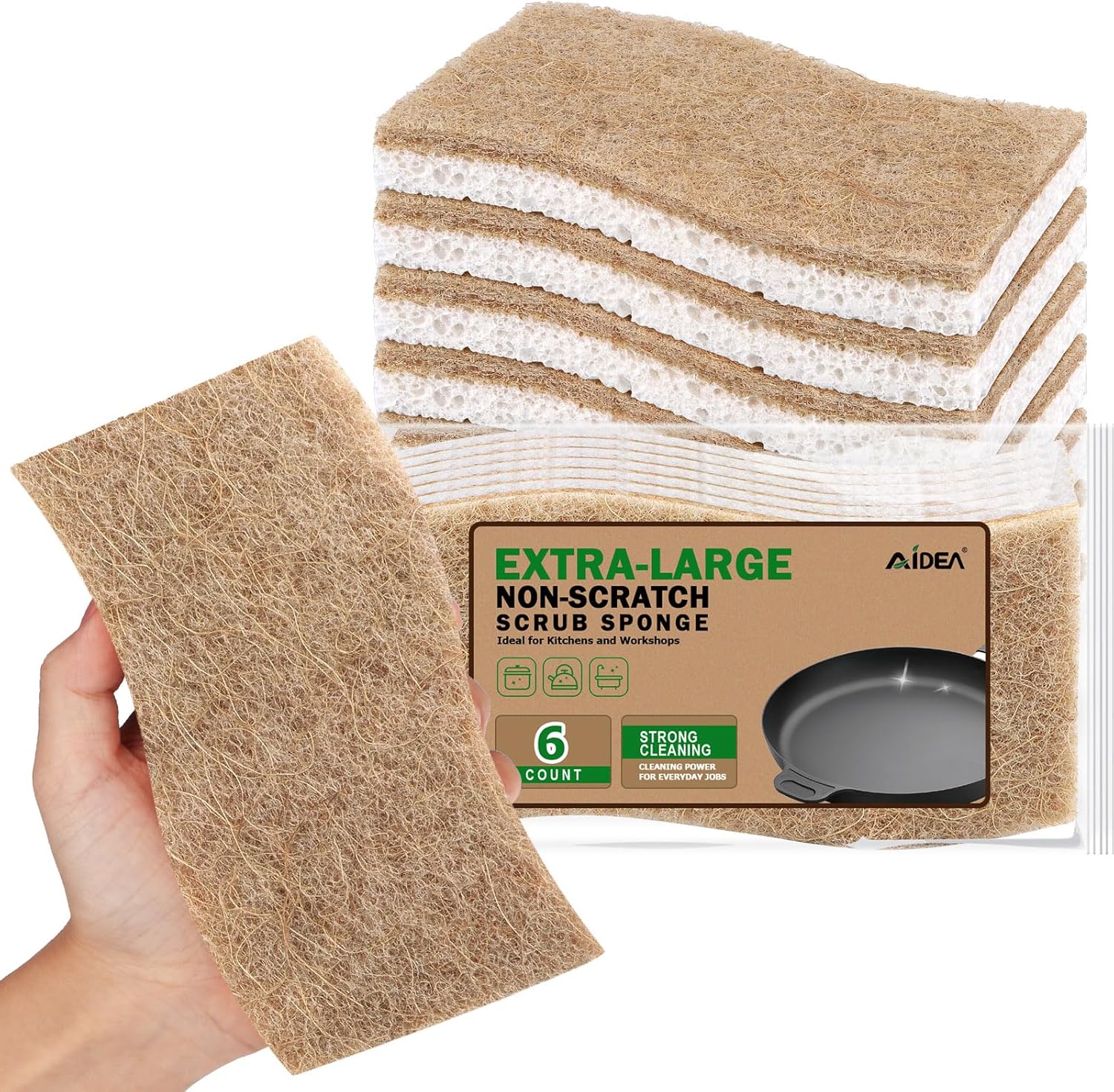 AIDEA XL Scrub Sponges Non-Scratch, 6Count, Large Natural Sponge for Non Stick Cookware, Sponges
