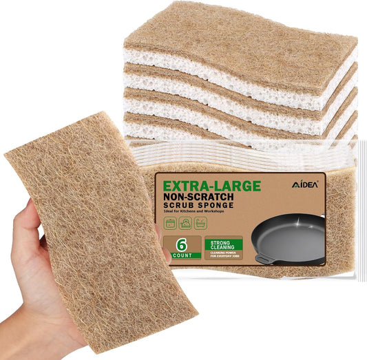AIDEA XL Scrub Sponges Non-Scratch, 6Count, Large Natural Sponge for Non Stick Cookware, Sponges