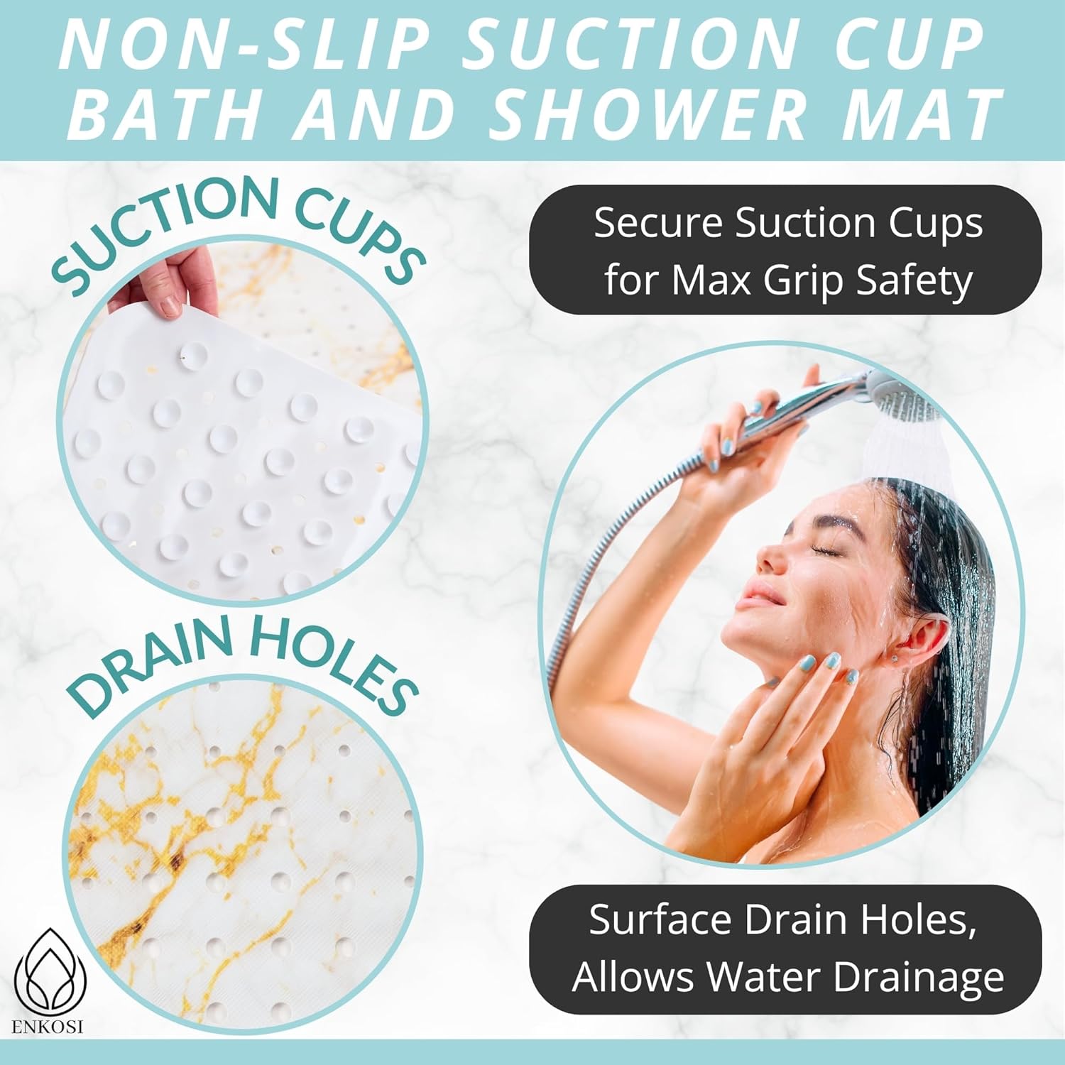ENKOSI Bath Mat – Large 40 x 16 Inch Non-Slip Bathtub Mat with Secure Suction Cups & Drain Holes