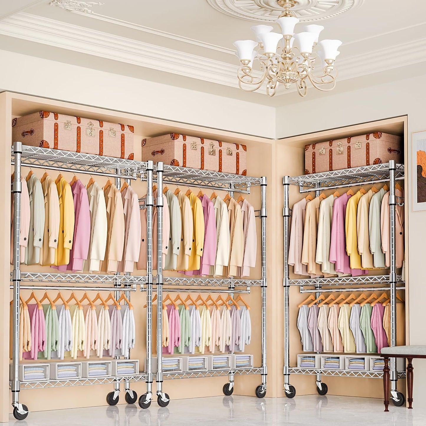 Heavy Duty Rolling Garment Rack 3 Tiers Adjustable Wire Shelving Clothes Rack with 2 Rods and Side