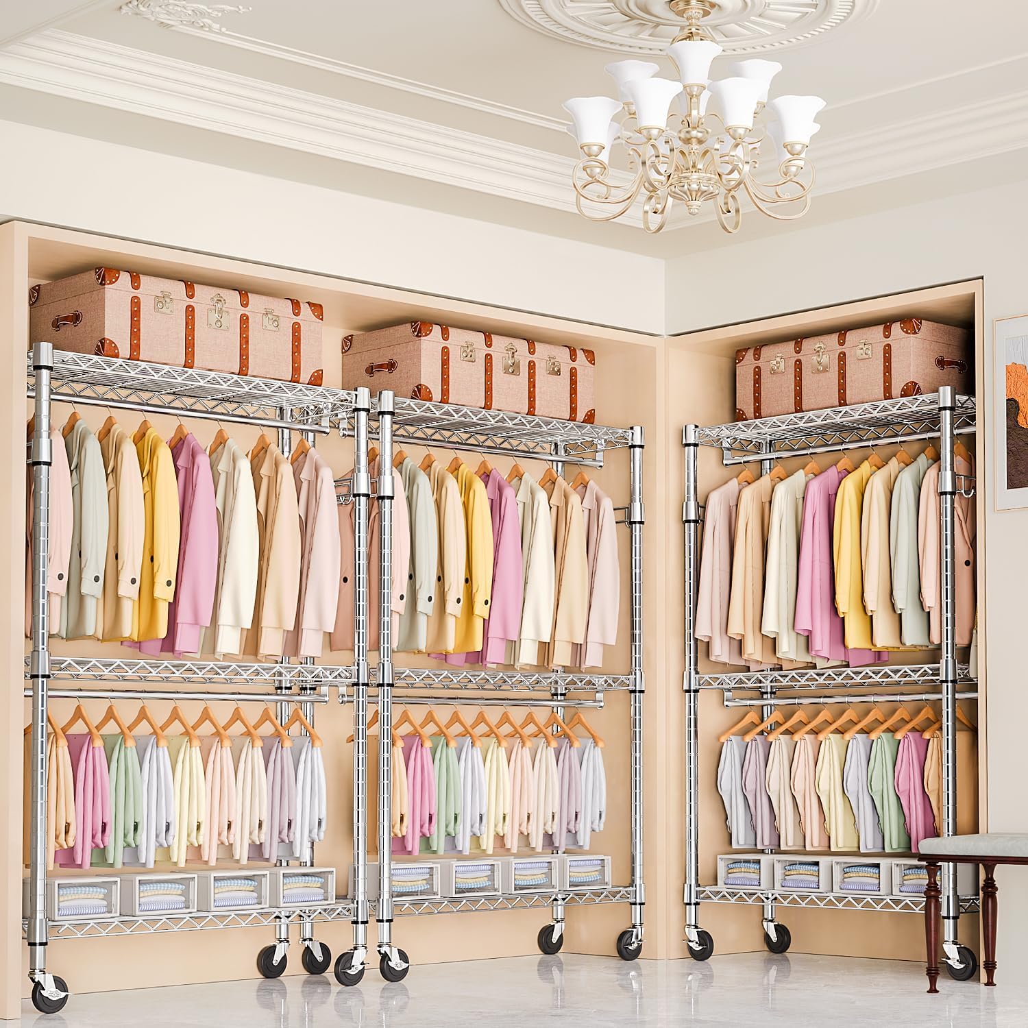 Heavy Duty Rolling Garment Rack 3 Tiers Adjustable Wire Shelving Clothes Rack with 2 Rods and Side