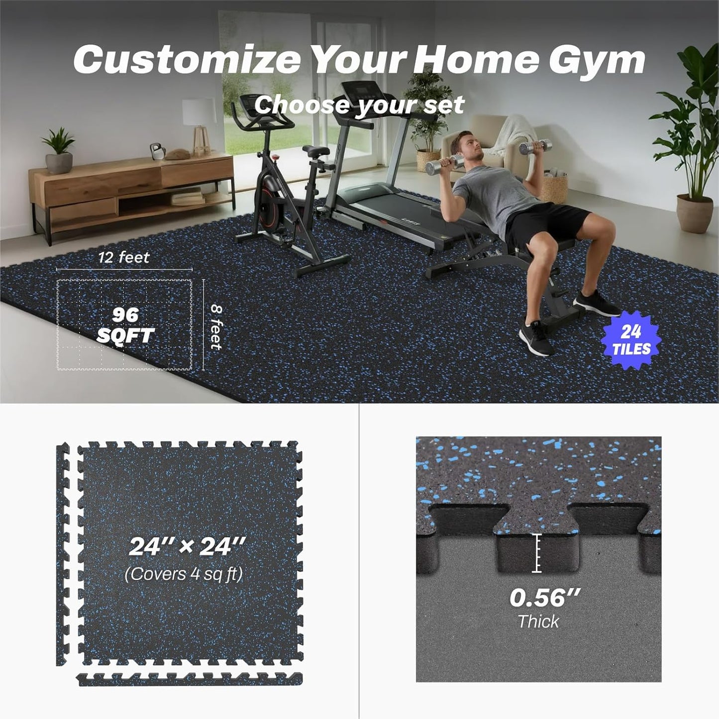 AIRHOP 0.56in Thick 96 Sq Ft Exercise Equipment Mats, 24Tiles Upgraded Rubber Top with High Density