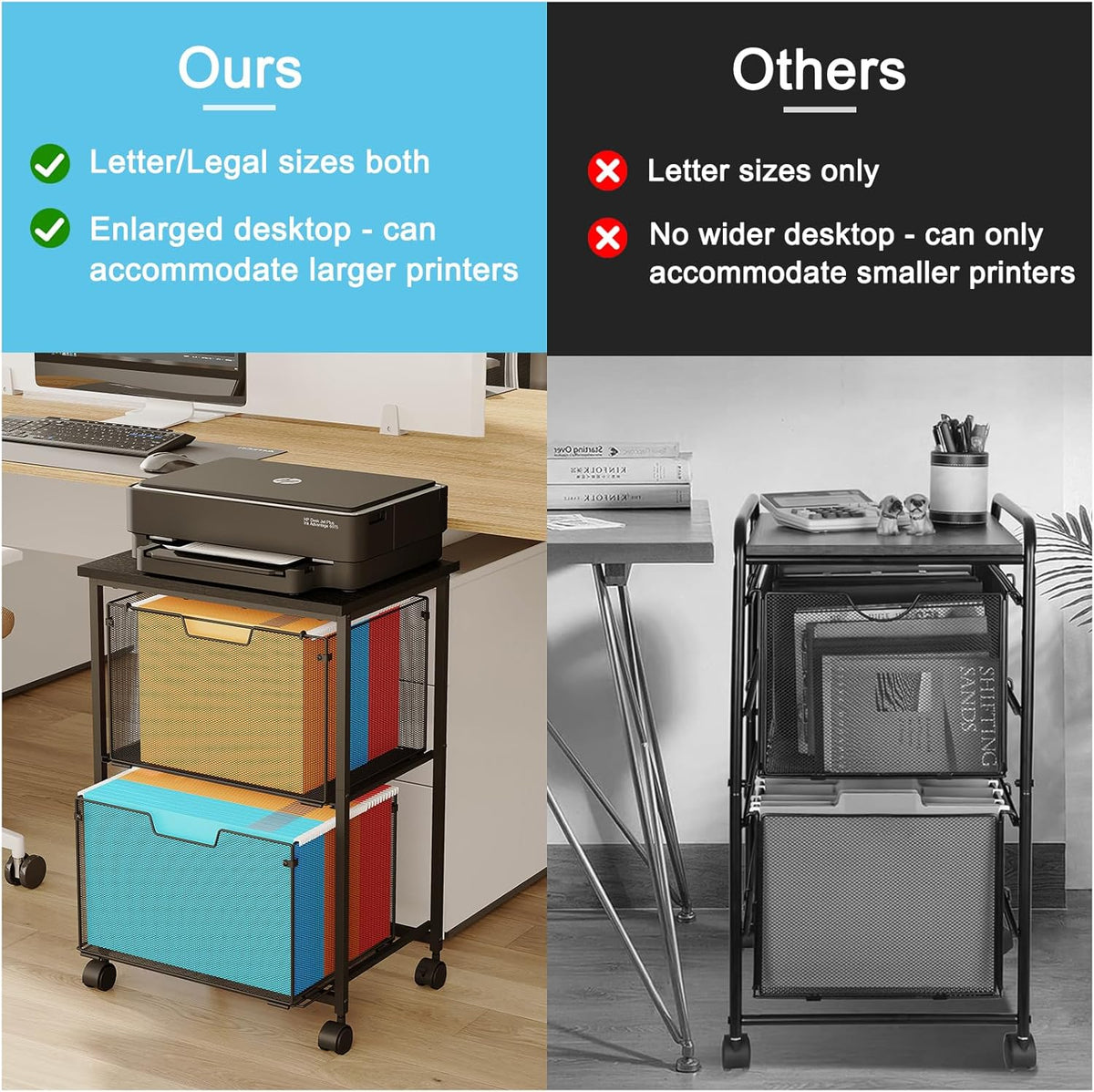 Letter/Legal Rolling File Cart with 2 Storage Drawers, Under Desk Storage, Vertical Filing Cabinet