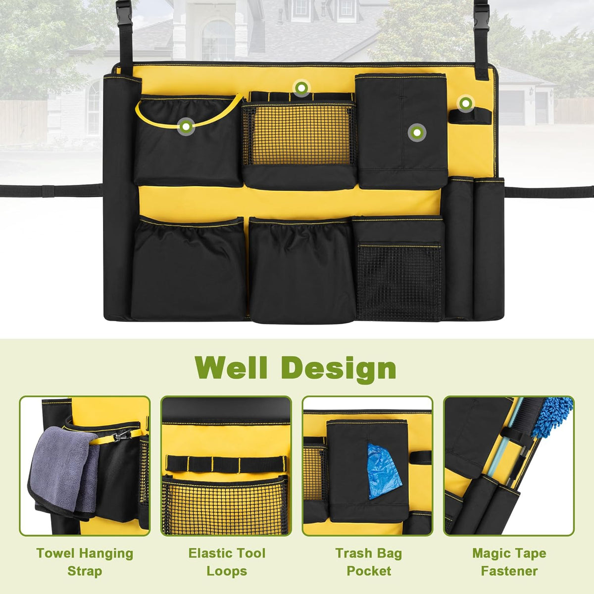 32-55 Gallon Trash Can Caddy Bag, Garbage Bin Apron Caddy with Multiple Pockets for Cleaning