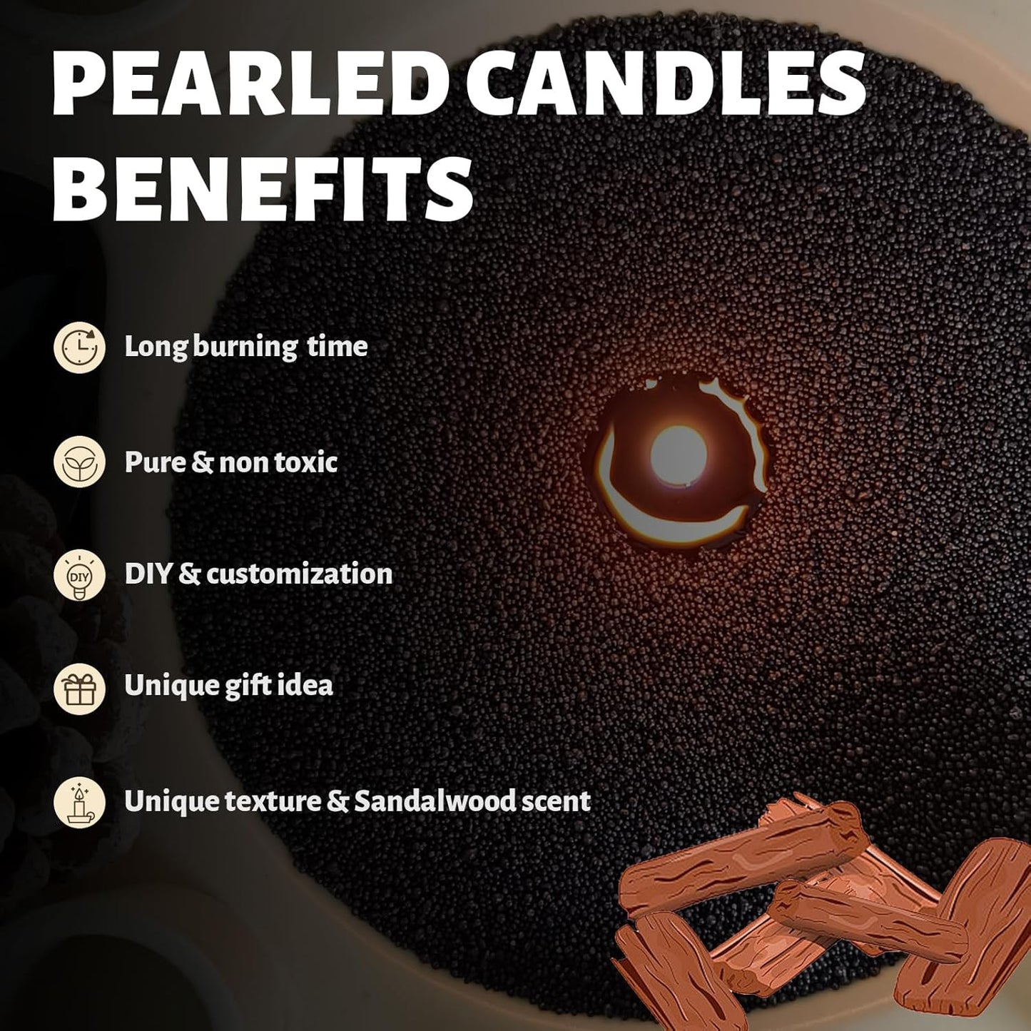 Sandalwood Scented Black Pearled Candle 18oz Luxury Sand Candle Granulated Wax - 30 Cotton Wicks