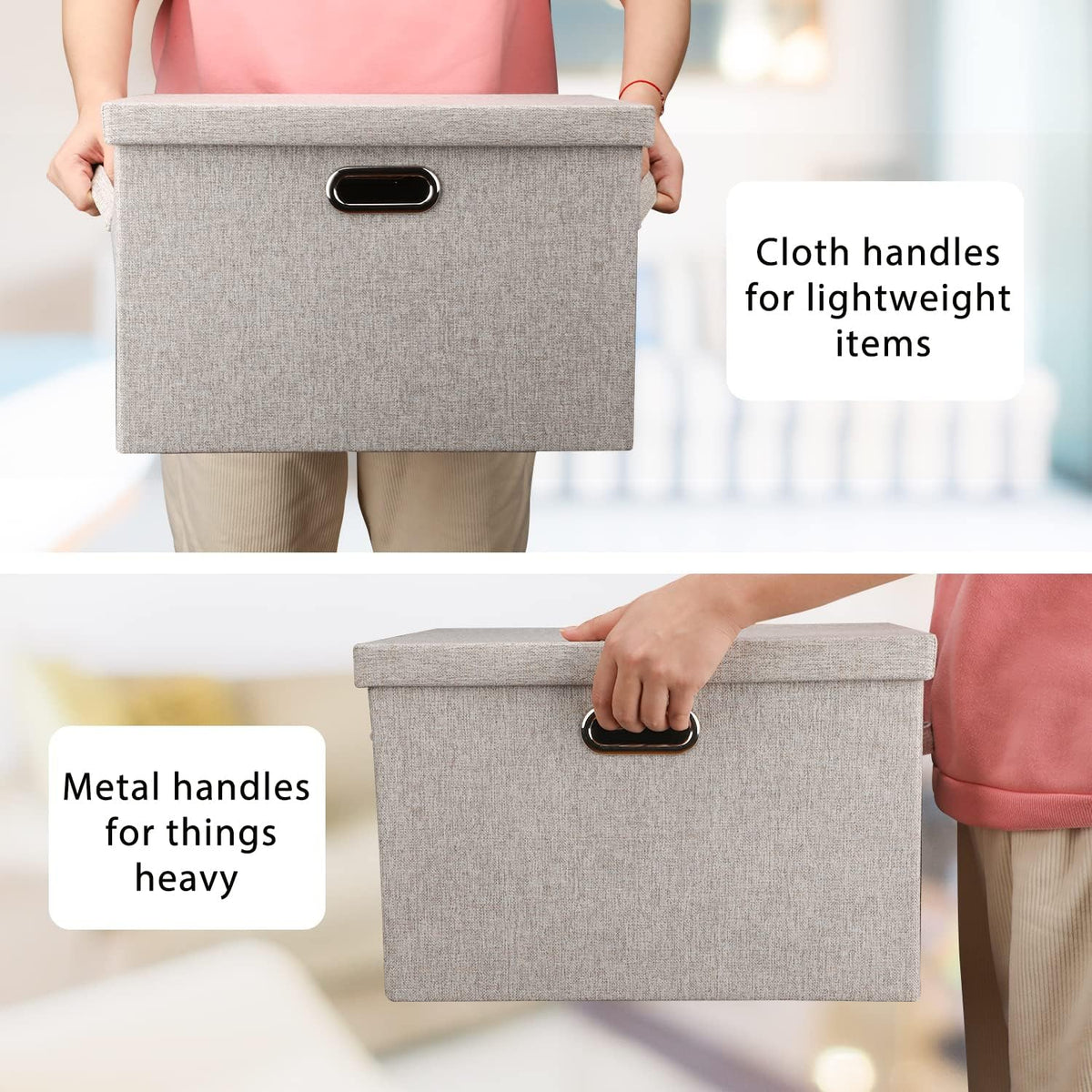 Large Quart Collapsible Stackable Storage Bins with Lids, 3 Packs Beige Linen Fabric Closet Boxes