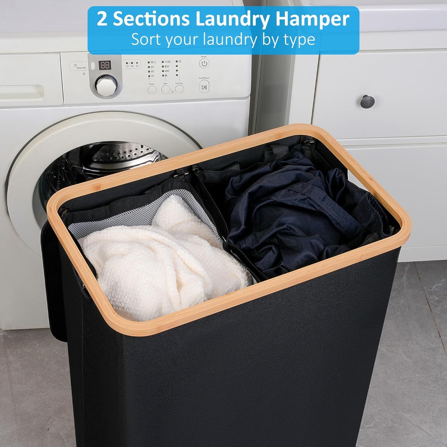efluky Double Laundry Hamper with Lid, Divided Laundry Hamper with Removable Bags, 2 Section Dirty